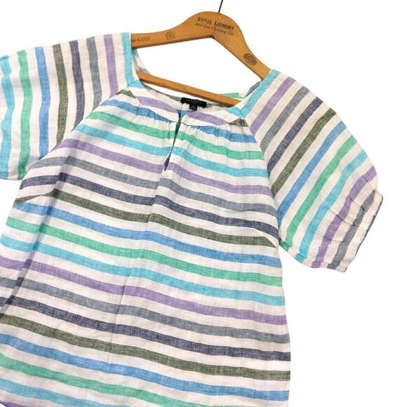 Talbots 100% Linen Striped Short Sleeve Top Size PS P Puff Sleeve Peasant Blouse - Picture 2 of 7